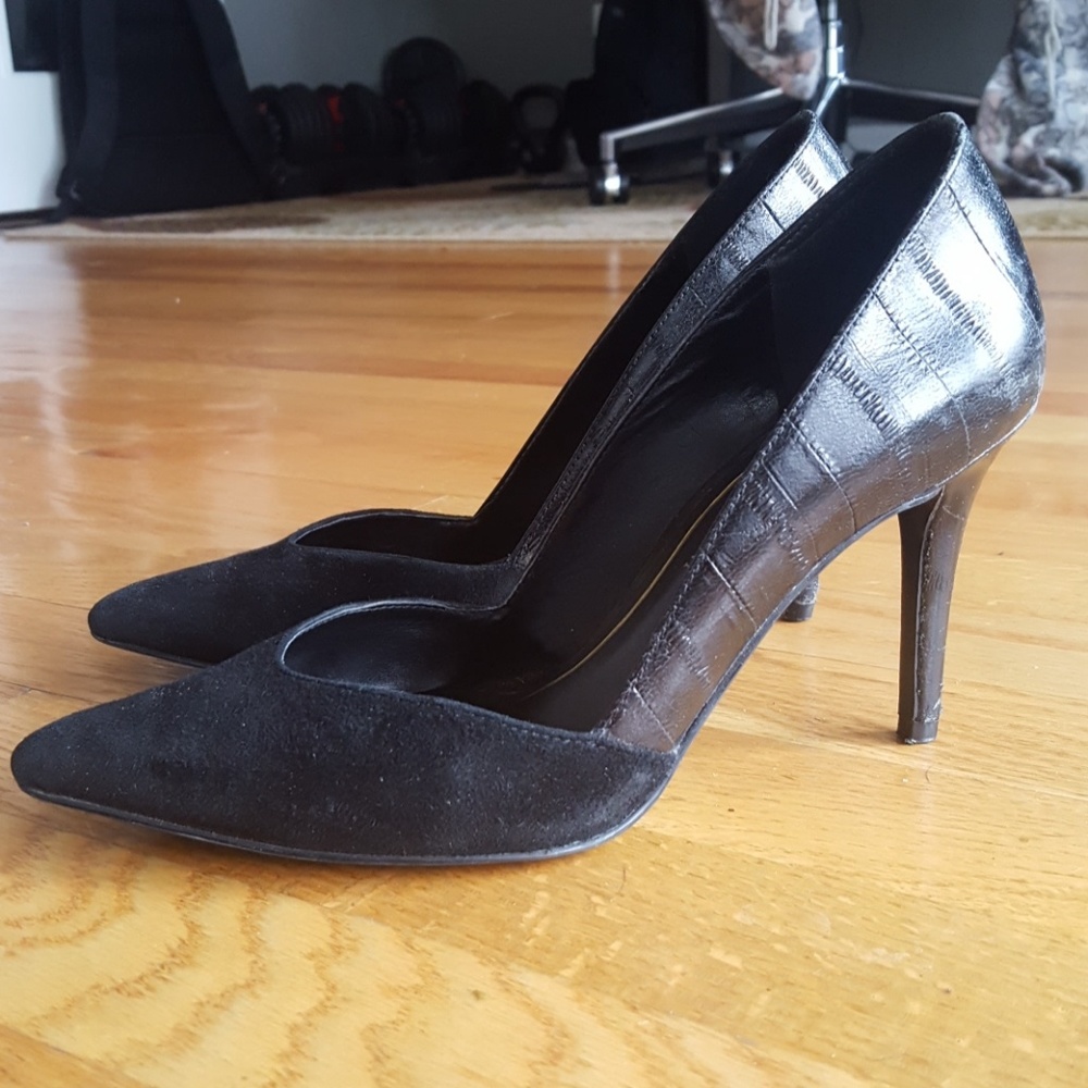 Black suede and patent pumps